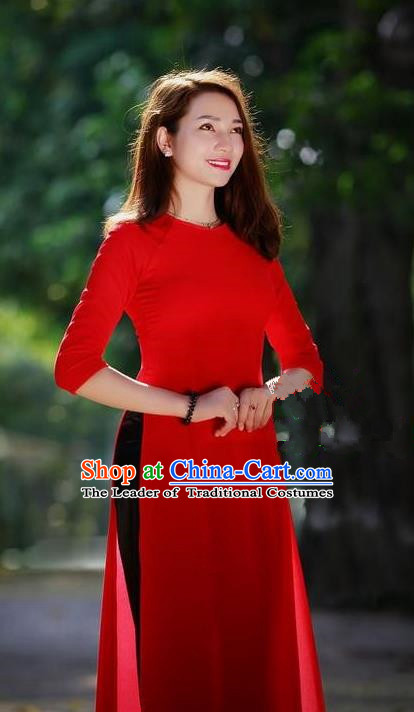Top Grade Asian Vietnamese Traditional Dress, Vietnam National Young Lady Ao Dai Dress, Vietnam Princess Bride Red Cheongsam Dress and Pants for Women