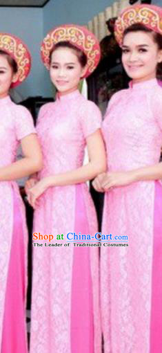 Top Grade Asian Vietnamese Traditional Dress, Vietnam National Princess Ao Dai Dress, Vietnam Bride Pink Lace Ao Dai Cheongsam Dress Clothing for Woman