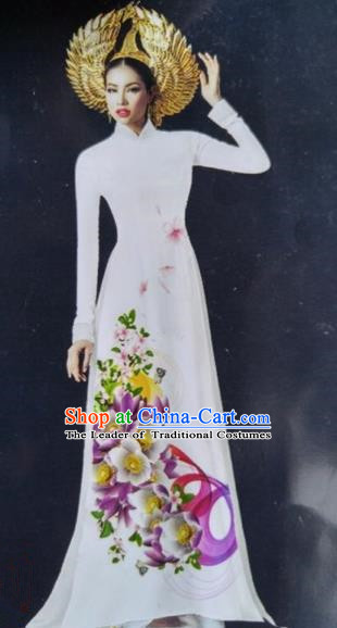 Top Grade Asian Vietnamese Traditional Dress, Vietnam National Queen Ao Dai Dress, Vietnam Palace Princess White Printing Ao Dai Cheongsam Dress Clothing for Woman