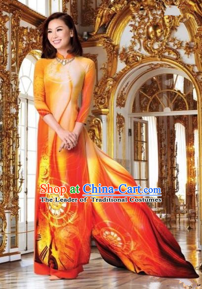 Top Grade Asian Vietnamese Traditional Dress, Vietnam National Queen Ao Dai Dress, Vietnam Palace Princess Orange Printing Ao Dai Cheongsam Dress Clothing for Woman