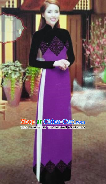 Traditional Top Grade Asian Vietnamese Dress, Vietnam National Female Ao Dai Dress Women Purple Printing Suit Cheongsam Clothing