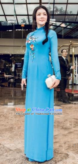Traditional Top Grade Asian Vietnamese Costumes Full Dress, Vietnam National Women Ao Dai Dress Embroidered Blue Cheongsam Clothing