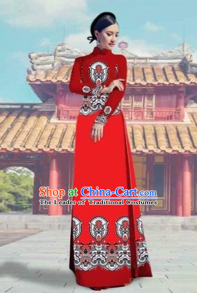 Top Grade Asian Vietnamese Traditional Dress, Vietnam National Ao Dai  Dress, Vietnam Princess Silk Red Dress and Pants Hats Complete Set  Cheongsam Clothing for Women