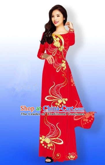 Top Grade Asian Vietnamese Traditional Dress, Vietnam National Ao Dai  Dress, Vietnam Princess Silk Red Dress and Pants Hats Complete Set  Cheongsam Clothing for Women