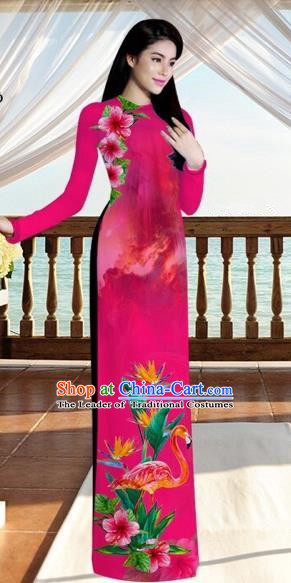 Traditional Top Grade Asian Vietnamese Costumes, Vietnam National Ao Dai Dress Printing Flowers Crane Pink Qipao for Women