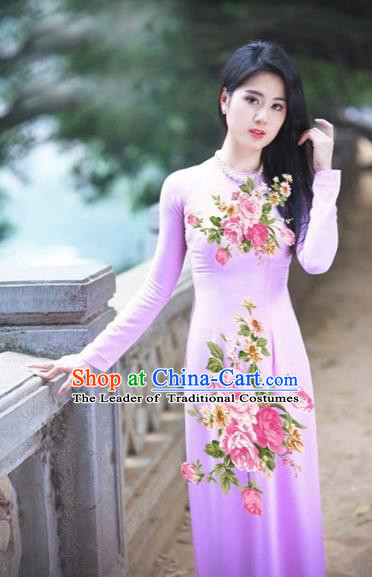 Traditional Top Grade Asian Vietnamese Costumes Classical Printing Pink Flowers Full Dress, Vietnam National Ao Dai Dress Etiquette Qipao for Women
