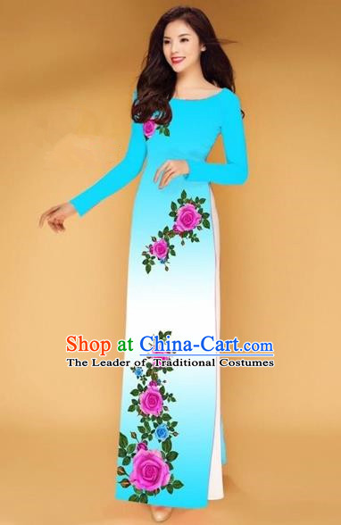 Traditional Top Grade Asian Vietnamese Costumes Classical Printing Rose Flowers Full Dress, Vietnam National Ao Dai Dress Sky Blue Etiquette Qipao for Women