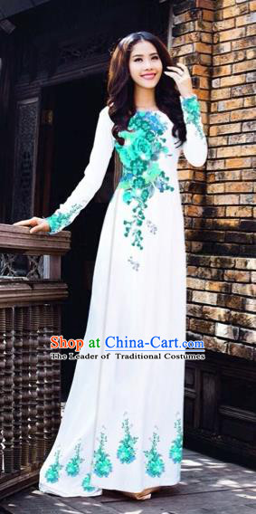 Traditional Top Grade Asian Vietnamese Costumes Dance Dress, Vietnam National Women Ao Dai Dress Printing Blue Flowers Cheongsam Clothing