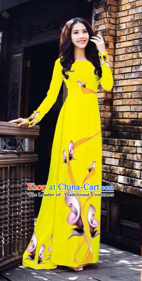 Traditional Top Grade Asian Vietnamese Costumes Classical Printing Flowers Pattern Full Dress, Vietnam National Ao Dai Dress Yellow Etiquette Qipao for Women