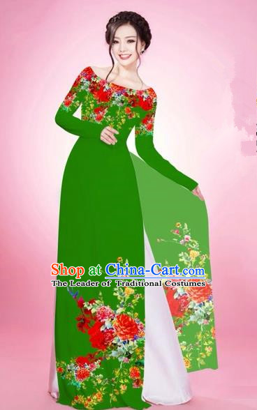 Traditional Top Grade Asian Vietnamese Costumes, Vietnam National Women Ao Dai Dress Embroidery Green Clothing