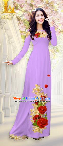 Traditional Top Grade Asian Vietnamese Costumes, Vietnam National Ao Dai Dress Printing Flowers Lilac Qipao for Women