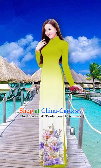 Traditional Top Grade Asian Vietnamese Costumes Full Dress, Vietnam National Ao Dai Dress Printing Flowers Olive Green Stand Collar Qipao for Women
