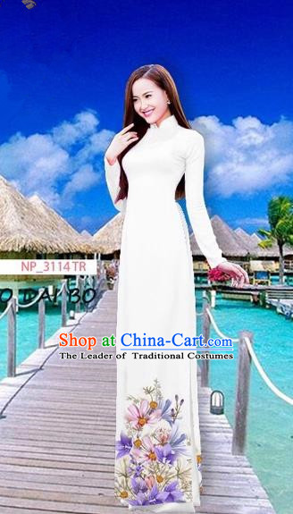 White & Light Orange Ao Dai Vietnamese Chiffon Double Layer Dress