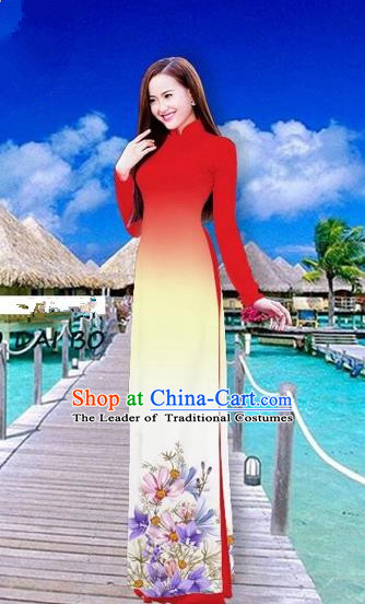 Traditional Top Grade Asian Vietnamese Costumes Full Dress, Vietnam National Ao Dai Dress Printing Flowers Red Stand Collar Qipao for Women