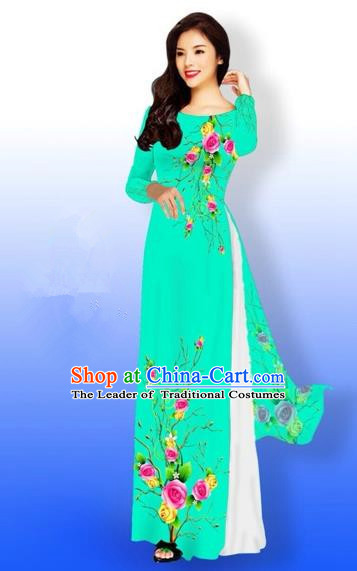 Traditional Top Grade Asian Vietnamese Costumes Full Dress, Vietnam National Ao Dai Dress Printing Rose Flowers Green Qipao for Women