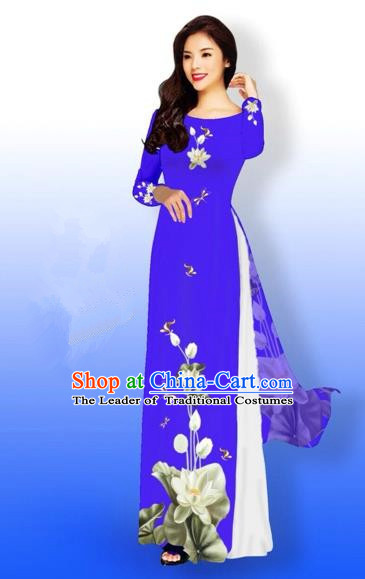 Traditional Top Grade Asian Vietnamese Costumes Full Dress, Vietnam National Ao Dai Dress Printing Flowers Round Collar Blue Qipao for Women