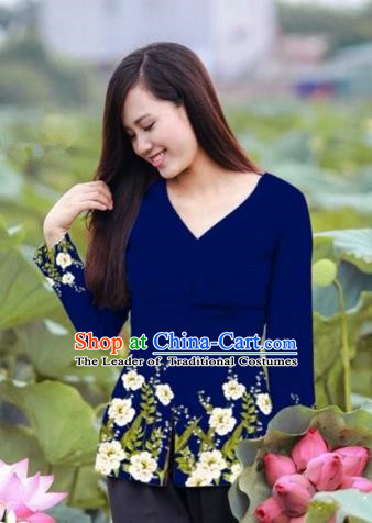 Traditional Top Grade Asian Vietnamese Costumes, Vietnam National Ao Dai Printing Navy Blouse for Women