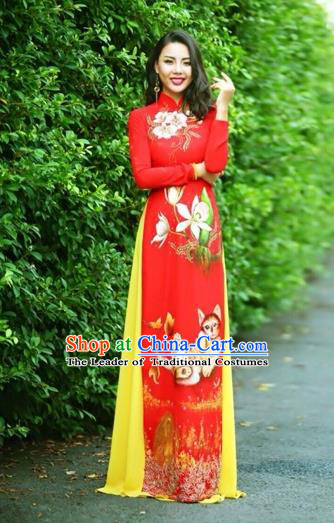 Traditional Top Grade Asian Vietnamese Costumes Classical Printing Wedding Full Dress, Vietnam National Ao Dai Dress Cat Red Qipao for Women