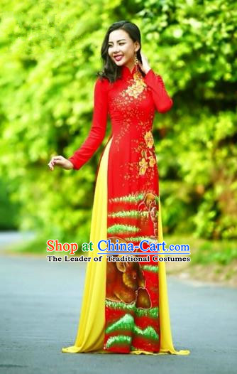 Traditional Top Grade Asian Vietnamese Costumes Classical Printing Wedding Full Dress, Vietnam National Ao Dai Dress Chinese Zodiac Rat Red Qipao for Women