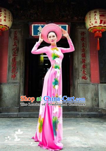 Traditional Top Grade Asian Vietnamese Costumes Classical Printing Wedding Full Dress, Vietnam National Ao Dai Dress Pink Bride Qipao for Women