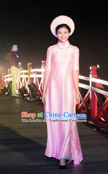 Traditional Top Grade Asian Vietnamese Costumes Classical Wedding Full Dress, Vietnam National Ao Dai Dress Bride Pink Stand Collar Qipao for Women