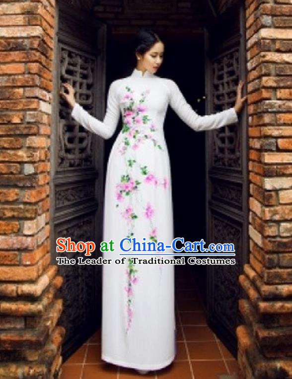 Traditional Top Grade Asian Vietnamese Costumes Classical Printing Full Dress, Vietnam National Ao Dai Dress Catwalks White Qipao for Women