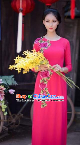 Traditional Top Grade Asian Vietnamese Costumes Classical Printing Flowers Wedding Full Dress, Vietnam National Ao Dai Dress Catwalks Bride Rose Qipao for Women