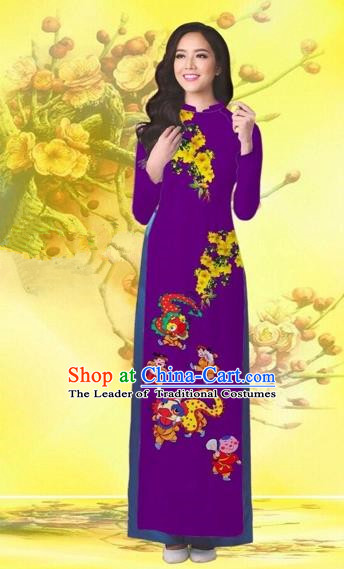 Traditional Top Grade Asian Vietnamese Costumes Classical Printing Flowers Wedding Purple Full Dress, Vietnam National Ao Dai Dress Catwalks Bride Qipao for Women