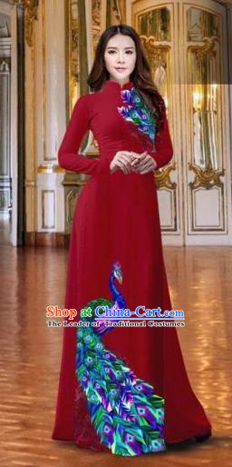 Traditional Top Grade Asian Vietnamese Costumes Classical Printing Peacock Wine Red Full Dress, Vietnam National Ao Dai Dress Catwalks Debutante Qipao for Women