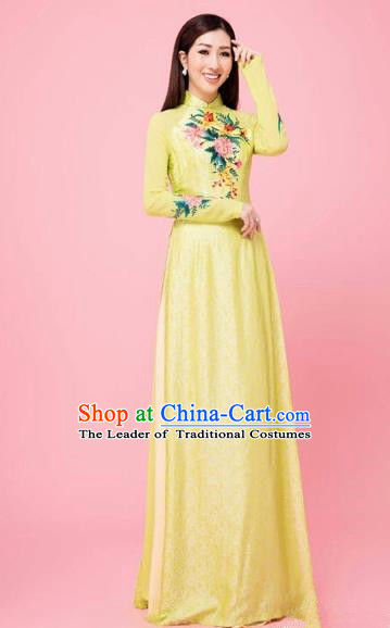 Traditional Top Grade Asian Vietnamese Costumes Classical Hand Embroidery Wedding Full Dress, Vietnam National Ao Dai Dress Bride Yellow Stand Collar Qipao for Women