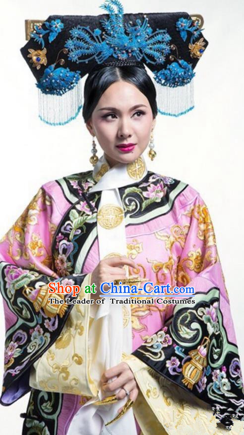 Traditional Chinese Ancient Qing Dynasty Manchu Imperial Dowager Costume and Handmade Headpiece Complete Set, Above The Clouds Chinese Mandarin Nobility Robes Imperial Concubine Embroidered Clothing for Women
