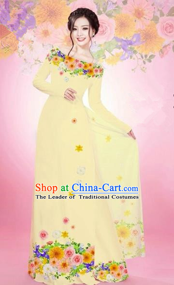 Traditional Top Grade Asian Vietnamese Costumes Classical Printing Flowers Bride Off Shoulder Full Dress, Vietnam National Ao Dai Dress Beige Chiffon Cheongsam for Women