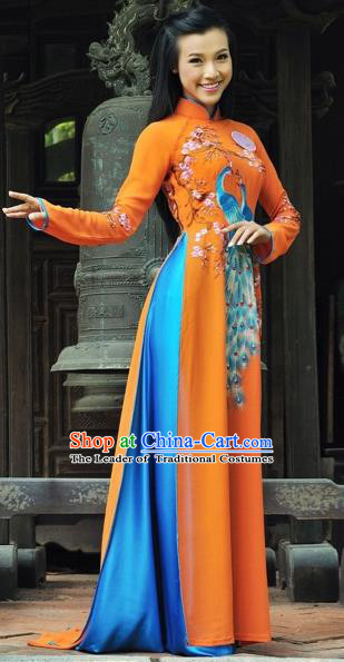 Traditional Top Grade Asian Vietnamese Costumes Classical Printing Peacock Full Dress, Vietnam National Ao Dai Dress Catwalks Debutante Orange Qipao for Women