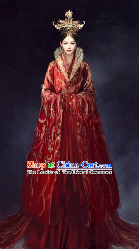Traditional Chinese Ancient Shang Dynasty Imperial Empress Tailing Embroidered Costume, China Mythology Television Zhao Ge Ancient Palace Queen Wedding Clothing and Headpiece Complete Set for Women