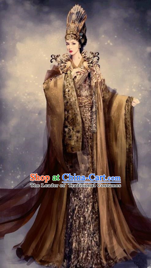 Traditional Chinese Ancient Shang Dynasty Imperial Queen Tailing Embroidered Costume, China Mythology Television Zhao Ge Ancient Palace Empress Clothing and Headpiece Complete Set for Women