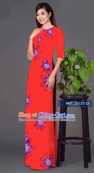 Traditional Top Grade Asian Vietnamese Costumes Classical Princess Full Dress, Vietnam National Ao Dai Dress Red Cheongsam for Women