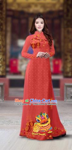 Traditional Top Grade Asian Vietnamese Costumes Classical Printing New Year Cheongsam, Vietnam National Ao Dai Dress Princess Red Full Dress for Women