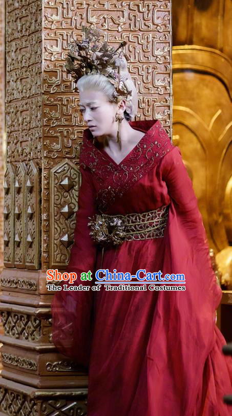 Traditional Chinese Ancient Shang Dynasty Palace Old Women Costume, China Mythology Television Zhao Ge Ancient Female Embroidery Clothing and Headwear Complete Set