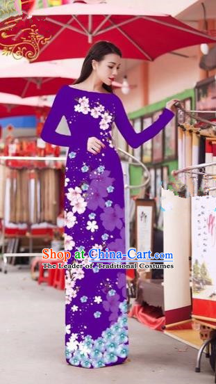 Traditional Top Grade Asian Vietnamese Costumes Classical Princess Printing Cheongsam, Vietnam National Bride Purple Ao Dai Dress for Women