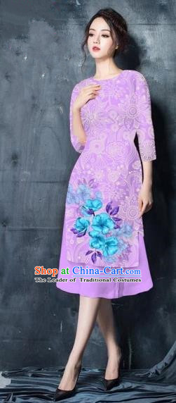 Traditional Top Grade Asian Vietnamese Costumes Classical Painting Short Purple Cheongsam, Vietnam National Vietnamese Young Lady Bride Wedding Ao Dai Dress
