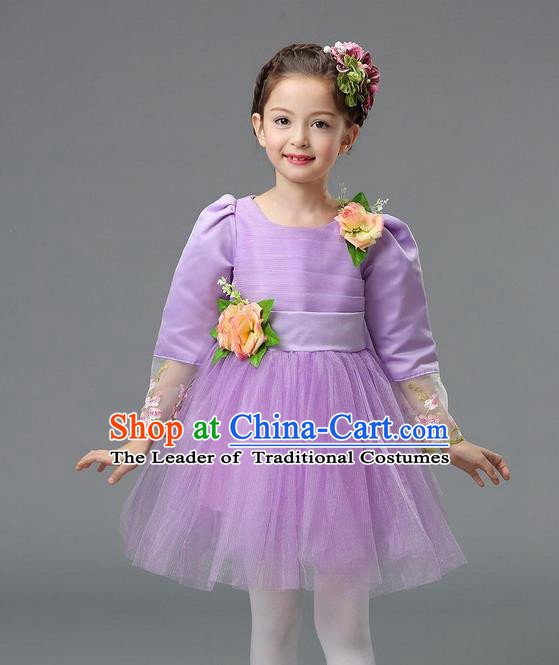 Top Grade Professional Performance Catwalks Costume, Children Chorus Compere Full Dress Modern Dance Little Princess Purple Veil Bubble Dress for Girls Kids