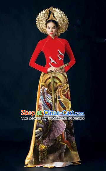Traditional Top Grade Asian Vietnamese Costumes Classical Painting Cheongsam, Vietnam National Vietnamese Young Lady Bride Wedding Stand Collar Red Ao Dai Dress