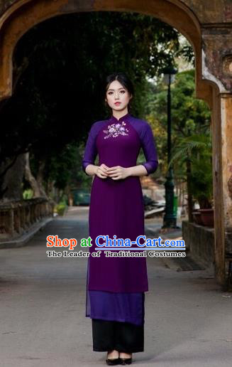 Traditional Top Grade Asian Vietnamese Costumes Classical Painting Wedding Cheongsam, Vietnam National Vietnamese Young Lady Bride Stand Collar Purple Ao Dai Dress