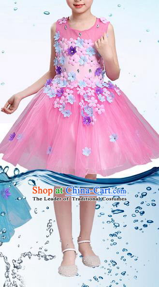 Top Grade Professional Compere Modern Dance Costume, Children Opening Dance Chorus Uniforms Flower Faerie Princess Pink Bubble Dress for Girls