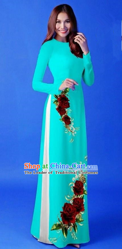 Traditional Top Grade Asian Vietnamese Costumes Classical 3D Printing Blue Long Cheongsam, Vietnam National Vietnamese Princess Ao Dai Dress for Women
