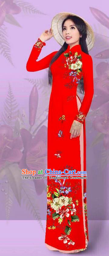 Top Grade Asian Vietnamese Costumes Classical Jing Nationality Printing Red Cheongsam, Vietnam National Vietnamese Traditional Princess Ao Dai Dress for Women