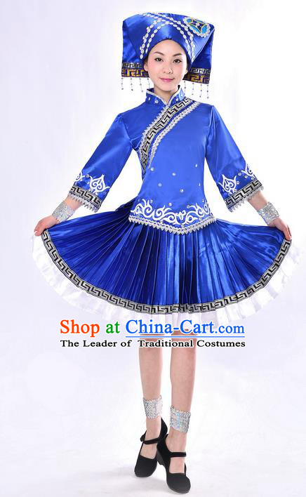 Traditional Chinese Zhuang Nationality Dancing Costume, Zhuang Zu Female Folk Dance Ethnic Pleated Skirt, Chinese Minority Nationality Embroidery Blue Dress for Women
