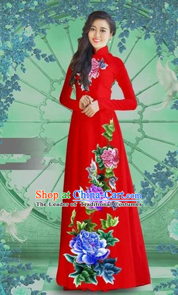 Traditional Top Grade Asian Vietnamese Costumes Classical Printing Red Chiffon Cheongsam, Vietnam National Vietnamese Bride Ao Dai Dress