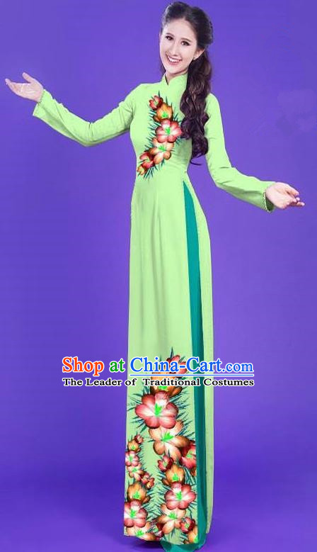 Top Grade Asian Vietnamese Costumes Classical Jing Nationality Long Printing Flowers Cheongsam, Vietnam National Vietnamese Bride Traditional Princess Light Green Ao Dai Dress