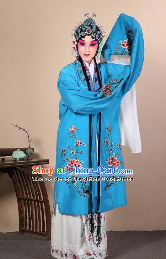 Traditional Chinese Beijing Opera Huangmei Opera Female Sky Blue Clothing and Headwear Complete Set, China Peking Opera Diva Role Hua Tan Costume Embroidered Opera Costumes